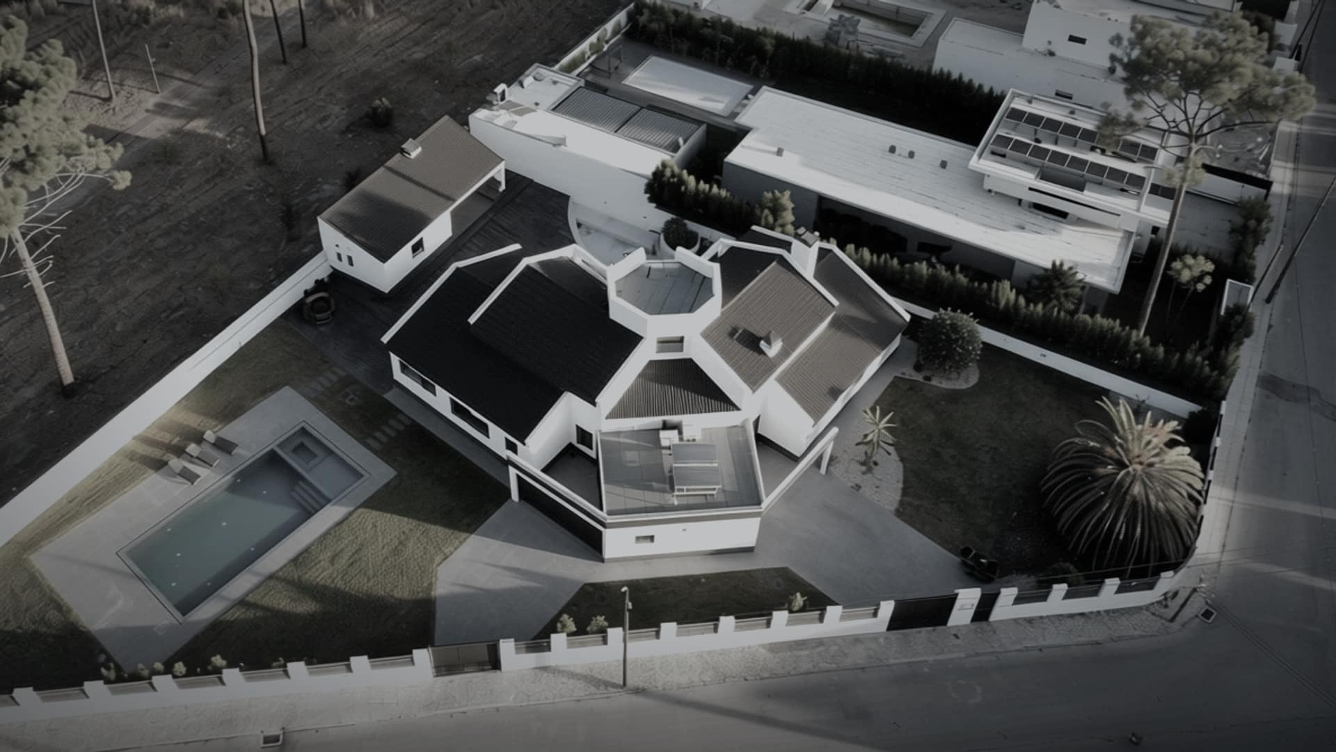 Aerial view of the CMPWND house, pool and garden